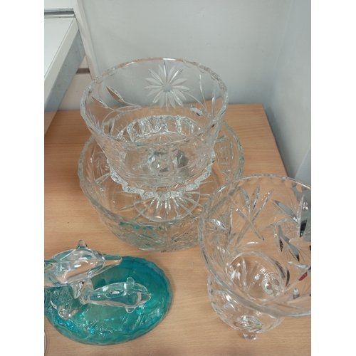 481 - Job lot of vintage glassware incudes cut glass basket, bowl and vases, glass animal figures, two orn... 