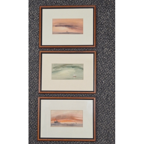 488 - Set of 3 framed atmospheric Seascapes monogrammed T.C for Trevor Castle. H21.5cm x28.5cm