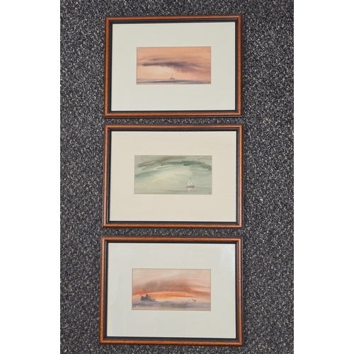 488 - Set of 3 framed atmospheric Seascapes monogrammed T.C for Trevor Castle. H21.5cm x28.5cm