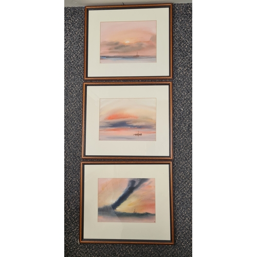 489 - Set of 3 framed atmospheric Seascapes monogrammed T.C for Trevor Castle. H30.5cm x35.5cm