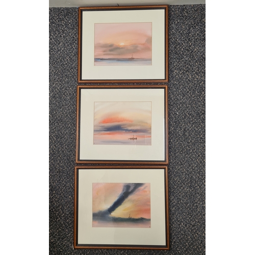 489 - Set of 3 framed atmospheric Seascapes monogrammed T.C for Trevor Castle. H30.5cm x35.5cm