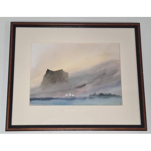 490 - Framed atmospheric Seascape monogrammed T.C for Trevor Castle. H33cm x40cm