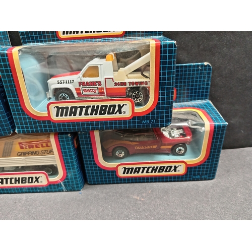 492 - Five boxed matchbox vehicles includes Ford Model A, Volvo tilt and GMC wrecker and rocket transporte... 