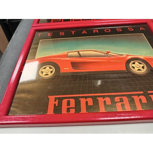 505 - Four vintage Red and black car prints framed includes two Porsche prints and two Ferrari pictures ea... 