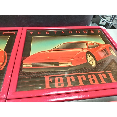 505 - Four vintage Red and black car prints framed includes two Porsche prints and two Ferrari pictures ea... 