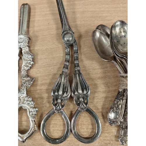 515 - Silver plated Victorian tea spoons and two pairs of silver plated grape scissors