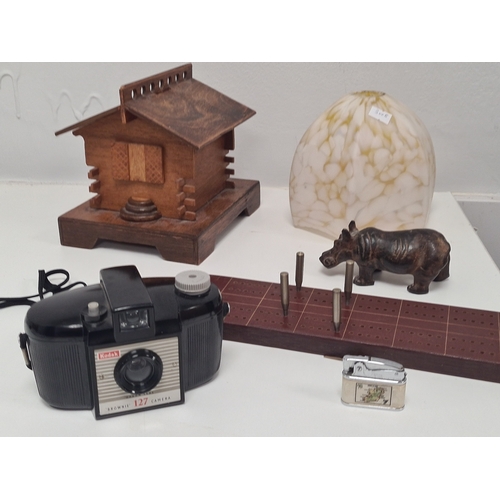 524 - Collection of mixed items to include wooden Swiss Chalet; Art Deco shade; Kodak Brownie Camera; meta... 