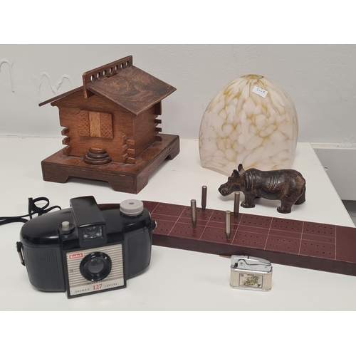 524 - Collection of mixed items to include wooden Swiss Chalet; Art Deco shade; Kodak Brownie Camera; meta... 