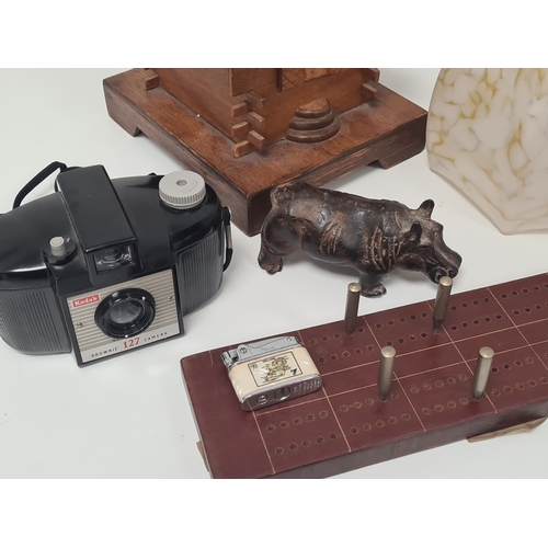 524 - Collection of mixed items to include wooden Swiss Chalet; Art Deco shade; Kodak Brownie Camera; meta... 