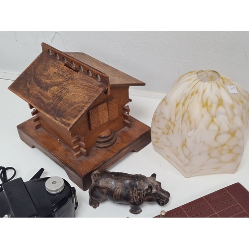 524 - Collection of mixed items to include wooden Swiss Chalet; Art Deco shade; Kodak Brownie Camera; meta... 