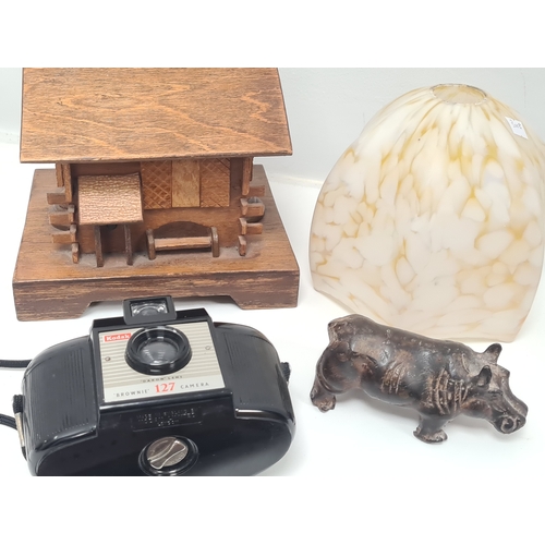 524 - Collection of mixed items to include wooden Swiss Chalet; Art Deco shade; Kodak Brownie Camera; meta... 