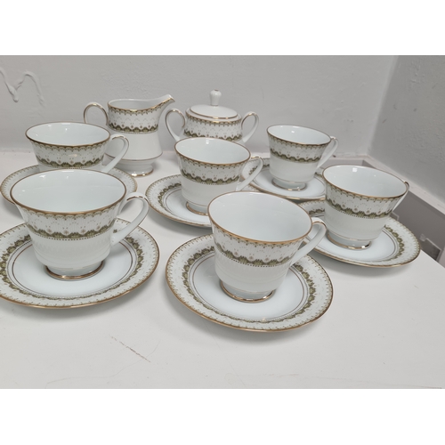 528 - Japanese Noritake Katrina Tea Set 2254 to include 6 cups, 6 saucers, milk jug and lidded sugar pot.