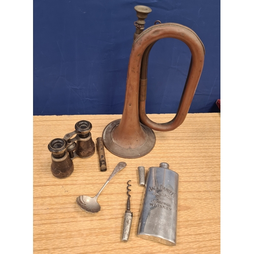 547 - Selection of Metal items to include a Henry Potter Brass Bugle; Jack Daniels flask; corkscrew; servi... 