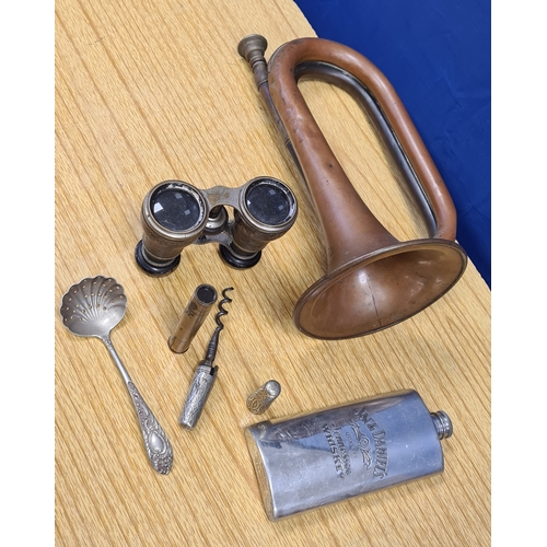 547 - Selection of Metal items to include a Henry Potter Brass Bugle; Jack Daniels flask; corkscrew; servi... 