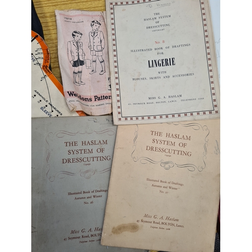 548 - Vintage Dressmakers templates in folder, Miss G. A Haslam Dresscutting System, pattern books & Fashi... 