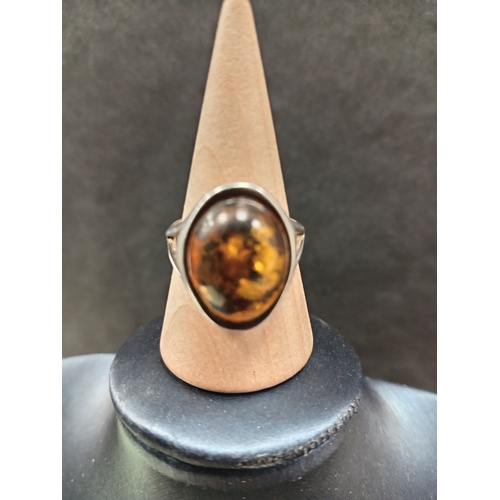 663 - 925 silver adjustable Amber stone ring