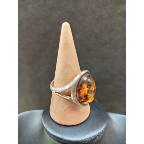 663 - 925 silver adjustable Amber stone ring