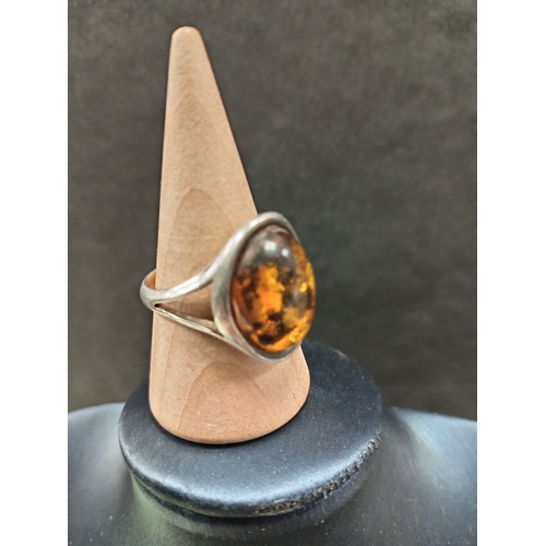 663 - 925 silver adjustable Amber stone ring