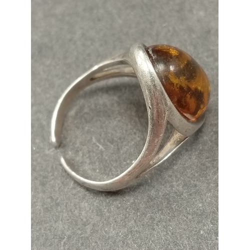 663 - 925 silver adjustable Amber stone ring