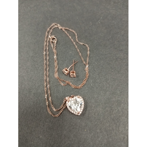 668 - Rose gold colour metal on 925 silver heart diamanté stone pendant on 925 silver chain L 44cm chain