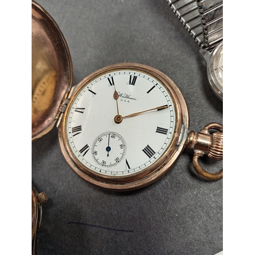 679 - Traveller movement. Waltham pocket watch with Dennison 10 year rolled gold case. Hunter Case Savonet... 