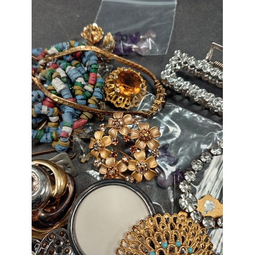 684 - Job lot of vintage costume jewellery includes scarf clips, gold colour locket brooch, bracelets and ... 