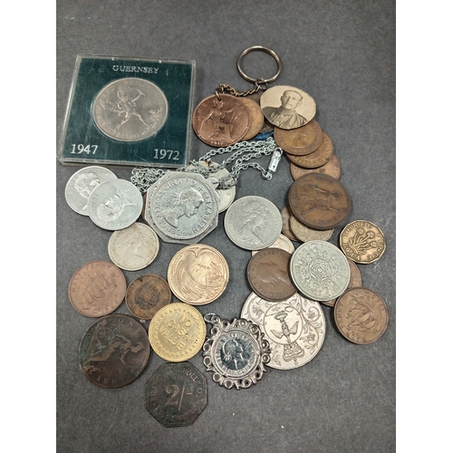 685 - Job lot of coins includes £2 coin, six pence pendant, ten pences, one pennies, half pennies, no cash... 