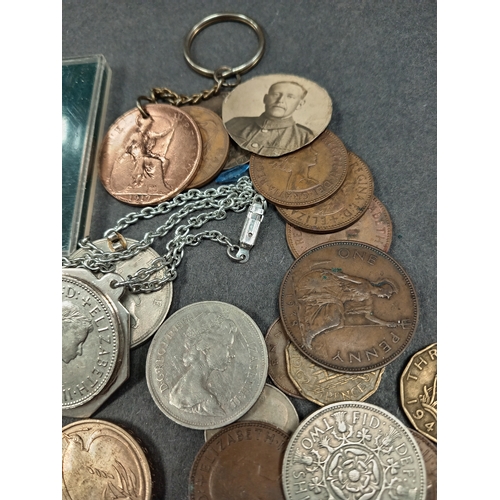 685 - Job lot of coins includes £2 coin, six pence pendant, ten pences, one pennies, half pennies, no cash... 