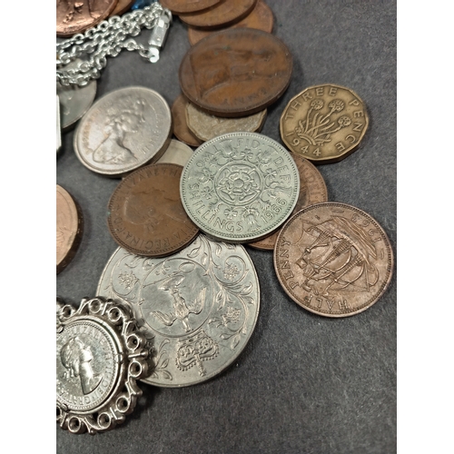 685 - Job lot of coins includes £2 coin, six pence pendant, ten pences, one pennies, half pennies, no cash... 