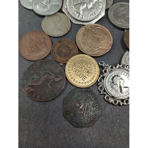 685 - Job lot of coins includes £2 coin, six pence pendant, ten pences, one pennies, half pennies, no cash... 