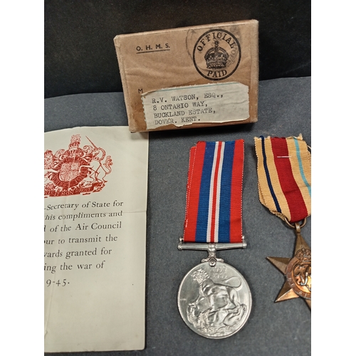 564 - WWII medal group includes Africa star, defence medal and 1945 war medal.  RV Watson issued by air mi... 