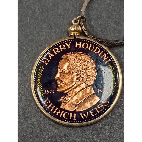 565 - Harry Houdini 'The great escape' Enrich weiss 1874-1926 enamelled medallion 4cm on chain  L 72cm