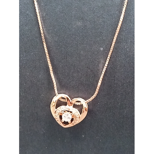 698 - Rose gold colour on 925 silver heart diamanté pendant on rose gold colour 925 silver chain L 48cm