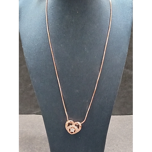 698 - Rose gold colour on 925 silver heart diamanté pendant on rose gold colour 925 silver chain L 48cm