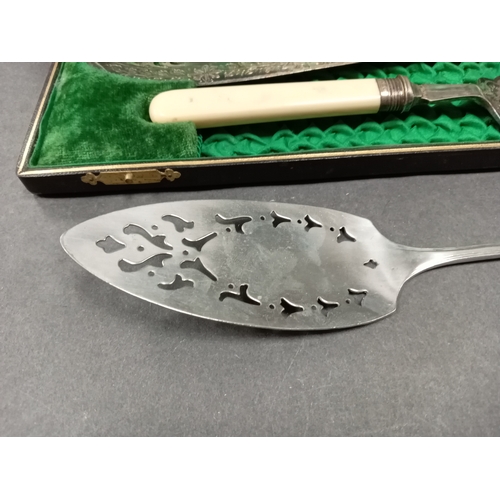 715 - Silver plated desert serving set in green material lined case and a Dorchester plated Coronation 193... 