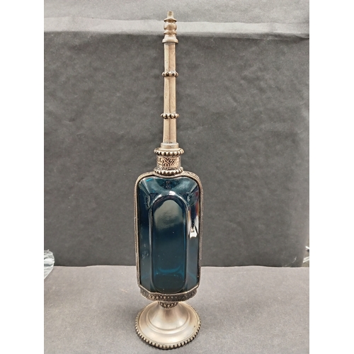 720 - White metal and blue glass Persian scent bottle H 30cm x W 7cm