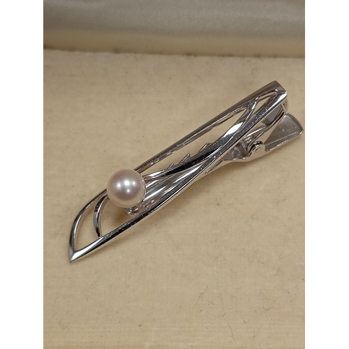 741 - Marked silver Mikimoto pearl tie pin boxed