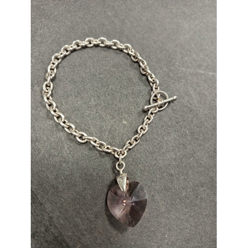 747 - 925 silver silver link bracelet with amethyst coloured crystal heart charm 18cm