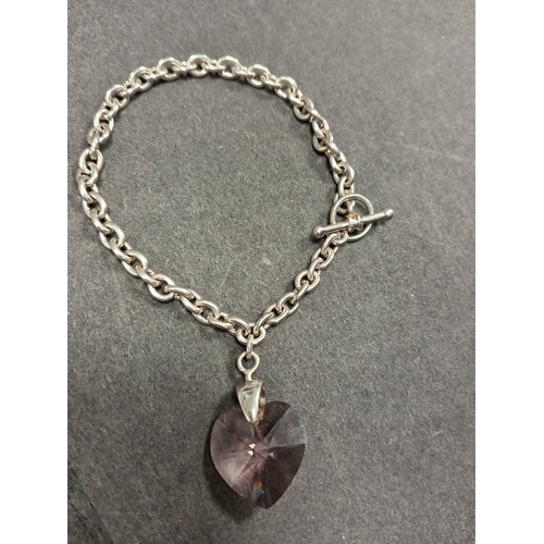 747 - 925 silver silver link bracelet with amethyst coloured crystal heart charm 18cm