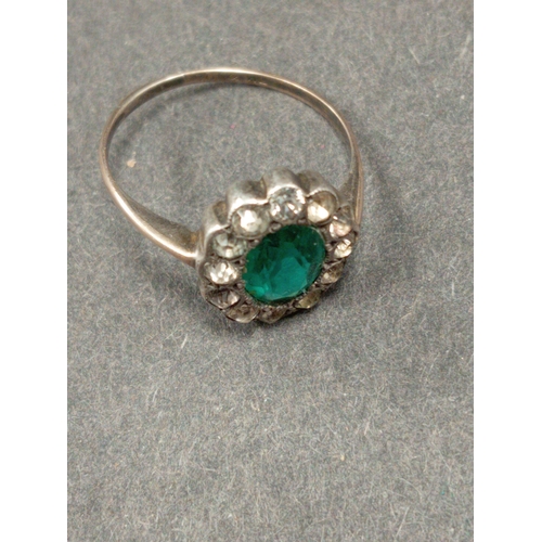 757 - 925 silver flower detail ring with green stone and diamanté stones size O