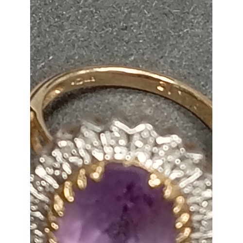 765 - 9ct gold Diamond and Amethyst large statement piece ring size K weight 4.8