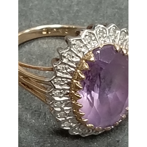 765 - 9ct gold Diamond and Amethyst large statement piece ring size K weight 4.8