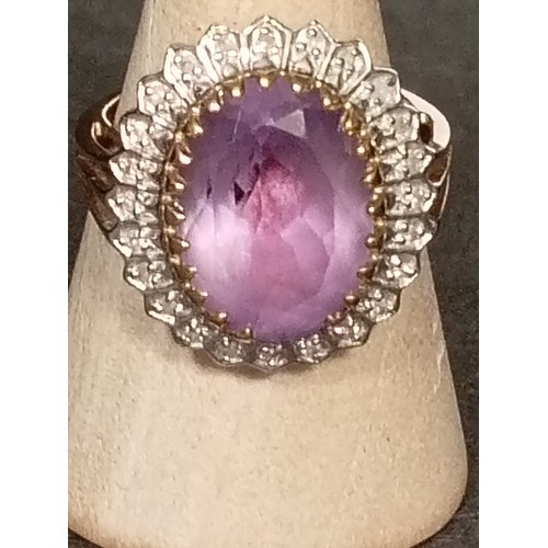 765 - 9ct gold Diamond and Amethyst large statement piece ring size K weight 4.8