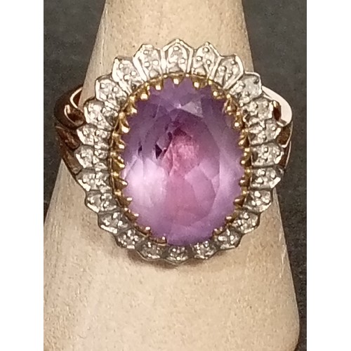 765 - 9ct gold Diamond and Amethyst large statement piece ring size K weight 4.8