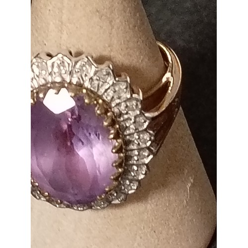 765 - 9ct gold Diamond and Amethyst large statement piece ring size K weight 4.8