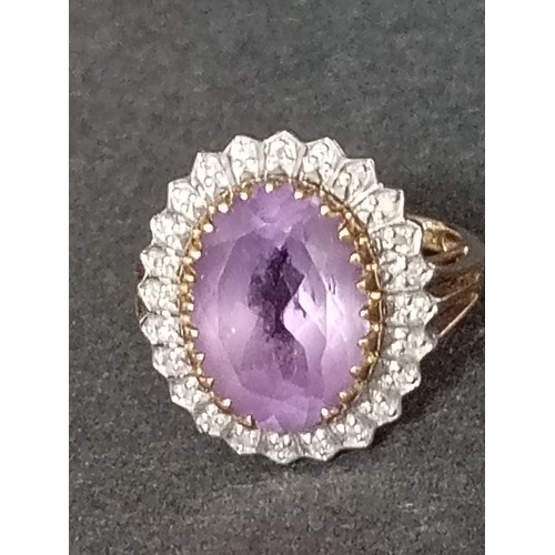 765 - 9ct gold Diamond and Amethyst large statement piece ring size K weight 4.8