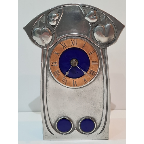 400 - Archibald Knox style Art Nouveau Pewter, Copper & Enamel Mantel Clock. Made by A.E Williams of Birmi... 