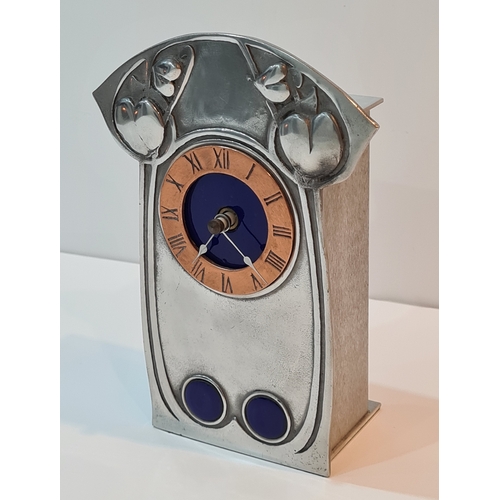 400 - Archibald Knox style Art Nouveau Pewter, Copper & Enamel Mantel Clock. Made by A.E Williams of Birmi... 