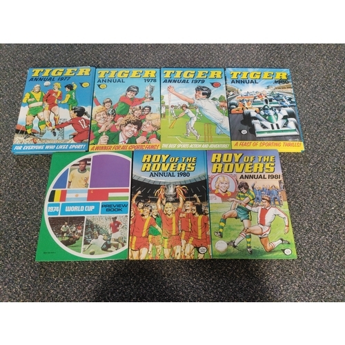 427 - A job lot of football annuals. To include Tiger 1977 - 1980 , Roy of the rovers 1980 - 1981 and a wo... 