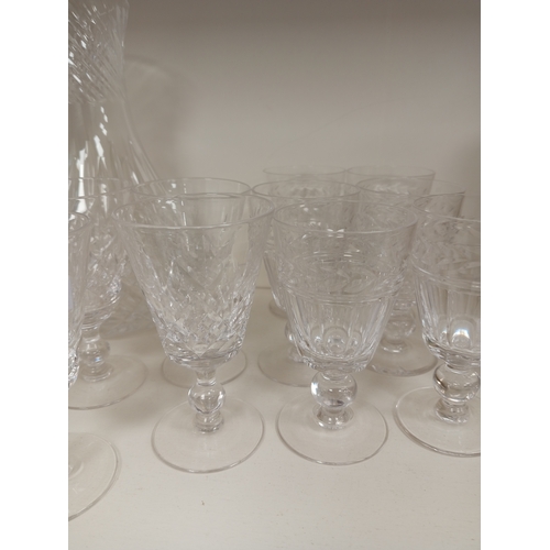 439 - Stuart crystal carafe, six Stuart crystal sherry glasses and six Royal Doulton sherry glasses